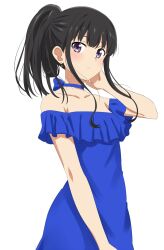 Rule 34 | 1girl, black hair, blue dress, blush, closed mouth, collarbone, commentary request, dars (recolors), dress, frilled dress, frills, highres, inoue takina, long hair, lycoris recoil, ponytail, purple eyes, short sleeves, simple background, solo, standing, white background