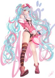 Rule 34 | 1girl, aqua eyes, aqua hair, bad id, bad pixiv id, full body, goggles, goggles on head, hatsune miku, long hair, newdal, shooting miku, single thighhigh, solo, striped clothes, striped thighhighs, thigh strap, thighhighs, twintails, very long hair, vocaloid, white background
