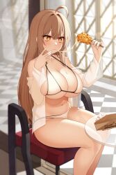 Rule 34 | 1girl, absurdres, ahoge, bare legs, bare shoulders, belly, bikini, blurry, breasts, brown hair, cheese trail, cleavage, commission, corn dog, depth of field, halterneck, hands up, highres, holding, kkam-sang, large breasts, long hair, long sleeves, looking ahead, navel, off shoulder, open clothes, open shirt, orange eyes, original, plump, see-through, shirt, sitting, solo, sparkling eyes, star-shaped pupils, star (symbol), stomach, stool, strap gap, string bikini, swimsuit, symbol-shaped pupils, thighs, very long hair, white bikini, white shirt