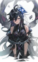 Rule 34 | 1girl, absurdres, ahoge, bare shoulders, black dress, black hair, blue flower, blurry, breasts, bright pupils, chun nam, commentary, dress, elsword, facing viewer, flower, hair between eyes, hair flower, hair ornament, highres, large breasts, long bangs, long hair, looking down, nisha labyrinth (elsword), off-shoulder dress, off shoulder, parted lips, purple eyes, sleeveless, sleeveless dress, solo, symbol-only commentary, upper body, white pupils