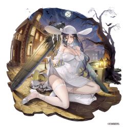 Rule 34 | 1girl, ash arms, bare tree, bat (animal), black hair, breasts, castle, cleavage, clothes lift, come hither, commander (ash arms), copyright notice, dress, g8n renzan (ash arms), hat, highres, large breasts, legs, long hair, looking at viewer, mechanical wings, moon, night, official art, on floor, outdoors, sage joh, skirt, skirt lift, smile, solo, stuffed toy, sun hat, tree, turret, very long hair, white dress, white hat, wings, yellow eyes