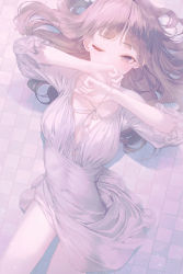 Rule 34 | 1girl, absurdres, blush, brown hair, covered mouth, covered navel, dress, fingernails, frills, from above, grey dress, grey eyes, highres, long fingernails, long hair, looking up, lying, on back, one eye closed, original, solo, sul ( 20sub), white dress
