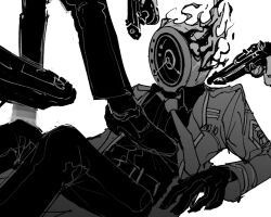 Rule 34 | 6+others, belt, clock, coat, dante (limbus company), fire, greyscale, gun, handgun, highres, limbus company, long sleeves, lying, maskv, monochrome, multiple others, object head, on back, pants, project moon, simple background, stepping, weapon, wing collar