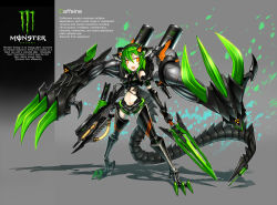 Rule 34 | 1girl, android, armor, caffeine, claws, full body, gia, green hair, grey background, gun, mecha musume, mechanical tail, monster (gia), monster energy, monster girl, open mouth, orange eyes, original, personification, product placement, robot, short hair, solo, sword, tail, weapon