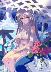 Rule 34 | 1girl, bikini, fate/grand order, fate (series), flower, frilled bikini, frills, highres, holding, holding umbrella, innertube, lady avalon (fate), lady avalon (second ascension) (fate), looking at viewer, merlin (fate/prototype), ocean, oramustat, parasol, red eyes, sitting, smile, solo, swim ring, swimsuit, umbrella, white bikini, white hair, white umbrella
