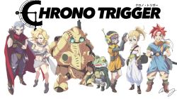 Rule 34 | 3girls, armor, ayla (chrono trigger), blonde hair, blue eyes, breasts, cape, chrono trigger, closed mouth, crazy02oekaki, crono (chrono trigger), frog (chrono trigger), glasses, gun, helmet, highres, jewelry, long hair, looking at viewer, lucca ashtear, magus (chrono trigger), marle (chrono trigger), multiple boys, multiple girls, ponytail, purple hair, red hair, robo (chrono trigger), robot, scarf, shield, short hair, simple background, smile, weapon, white background