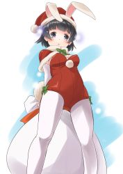 Rule 34 | 1girl, absurdres, animal ears, arare (kancolle), black hair, brown eyes, capelet, commentary request, elbow gloves, fake animal ears, feet out of frame, from below, gloves, hat, highres, kantai collection, leotard, looking at viewer, one-hour drawing challenge, pantyhose, playboy bunny, rabbit ears, rabbit tail, red leotard, sack, santa hat, short hair, solo, standing, strapless, strapless leotard, tail, taisinkoku, two-tone background, white background, white gloves, white pantyhose