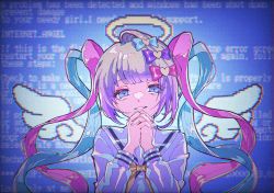 Rule 34 | 1girl, @ @, ame-chan (needy girl overdose), blue hair, blue screen of death, bow, english text, error message, fukowaikaga, grey hair, hair bow, halo, highres, interlocked fingers, long hair, long sleeves, looking at viewer, multicolored hair, multicolored nails, multiple hair bows, nail polish, neck ribbon, needy girl overdose, noise, chouzetsusaikawa tenshi-chan, own hands clasped, own hands together, parted lips, pink hair, ribbon, sailor collar, smile, solo, twintails, upper body, very long hair