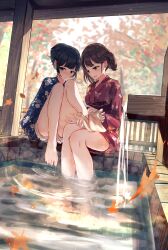 Rule 34 | 2girls, absurdres, ashiyu, autumn leaves, barefoot, benevole, black hair, blue eyes, blue kimono, blurry, blurry background, blush, breasts, brown eyes, brown hair, closed mouth, commentary request, embarrassed, floral print, foot bath, hair bun, highres, japanese clothes, kimono, multiple girls, obi, open mouth, original, red kimono, sash, shorts, small breasts, soaking feet, towel, tree, water, wavy mouth, wet, white shorts, yukata, yuri