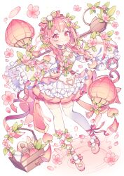 Rule 34 | 1girl, basket, blush, bow, braid, cleavage cutout, closed mouth, clothing cutout, detached sleeves, dot nose, dress, falling petals, flower, food, frilled dress, frills, fruit, hair bow, hair flower, hair ornament, hair over shoulder, hyou (pixiv3677917), legs apart, long bangs, long sleeves, low twintails, original, peach, peach blossom, petals, pink bow, pink eyes, pink flower, pink footwear, pink hair, pink ribbon, pink theme, plant, pleated dress, puddle, raised eyebrows, ribbon, ripples, shoes, sidelocks, simple background, sleeveless, sleeveless dress, smile, solo, thighhighs, thighs, twin braids, twintails, water, white background, white dress, white sleeves, white thighhighs, zettai ryouiki