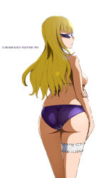 Rule 34 | 10s, 1girl, absurdres, ass, bare shoulders, bikini, blonde hair, breasts, bridal garter, copyright name, dimples of venus, frills, from behind, gundam, gundam build fighters, gundam build fighters try, highres, holding own arm, huge ass, lady kawaguchi, large breasts, lips, long hair, parted lips, purple bikini, simple background, skindentation, solo, sunglasses, swimsuit, tinted eyewear, tonotyama, wedgie, white background
