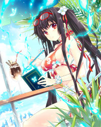 Rule 34 | 1girl, beach, bikini, black hair, book, breasts, bug, butterfly, drink, e-nya, eyewear on head, flower, food, front-tie top, hair flower, hair ornament, ice cream, insect, large breasts, long hair, magic, moriah saga, original, pen, red eyes, sitting, solo, sundae, sunglasses, swimsuit, twintails, very long hair, wafer stick