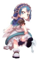 Rule 34 | 1boy, adjusting footwear, blue capelet, blue eyes, blue hair, blush, capelet, dress, from behind, highres, made in abyss, maid, maid headdress, male focus, maruruk, open mouth, puffy short sleeves, puffy sleeves, short sleeves, simple background, solo, standing, standing on one leg, trap, white background, ximu shilang