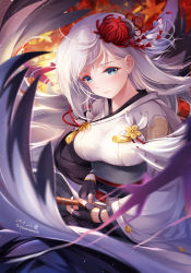 Rule 34 | 1girl, artist name, autumn leaves, azur lane, black gloves, blue eyes, blurry, blush, breasts, closed mouth, commentary request, depth of field, fingerless gloves, floating hair, flower, gloves, hair flower, hair ornament, highres, holding, japanese clothes, kimono, looking at viewer, medium breasts, mole, mole under eye, obi, paint musume, revision, sash, shoukaku (azur lane), signature, silver hair, solo, spider lily, twitter username, white kimono, wide sleeves