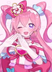 Rule 34 | 1girl, animal ears, blush, character request, choker, collarbone, delicious party precure, elbow gloves, gloves, highres, long hair, miruko (mmmilkochan), one eye closed, open mouth, pink hair, precure, purple eyes, smile, solo, triangle hands, twitter username, upper body, white gloves