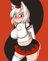 Rule 34 | 1girl, animal ears, belly, blush, breasts, covered erect nipples, cowboy shot, detached sleeves, female focus, hat, inubashiri momiji, large breasts, looking at viewer, manorea, miniskirt, navel, nose blush, plump, short hair, silver hair, simple background, skirt, solo, thick thighs, thighhighs, thighs, tokin hat, touhou, undersized clothes, wavy mouth, white thighhighs, wolf ears