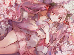Rule 34 | 1girl, artist name, bare shoulders, cherry blossoms, cherry hair ornament, closed mouth, collared shirt, detached sleeves, dot nose, flower, food-themed hair ornament, hair ornament, hatsune miku, highres, holding, holding photo, kita (kitairoha), long hair, long sleeves, looking up, lying, miniskirt, necktie, on back, photo (object), pink flower, pink hair, pink necktie, pink skirt, pink theme, pleated skirt, red eyes, sakura miku, shirt, skirt, sleeveless, sleeveless shirt, smile, solo, twintails, very long hair, vocaloid, wide sleeves