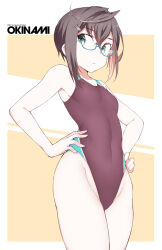 Rule 34 | 1girl, bare arms, breasts, brown hair, brown one-piece swimsuit, character name, collarbone, competition swimsuit, cowboy shot, glasses, green eyes, hair between eyes, hands on own hips, highleg, highleg swimsuit, kantai collection, multicolored hair, no eyewear, okinami (kancolle), one-piece swimsuit, pink hair, purple one-piece swimsuit, shigino sohuzi, short hair, small breasts, solo, swimsuit