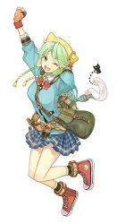 Rule 34 | 1girl, arm up, atelier (series), atelier shallie, bag, blue shirt, blue skirt, bow, bowtie, clenched hand, converse, female focus, full body, gloves, green eyes, green hair, hat, hidari (left side), matching hair/eyes, official art, one eye closed, plaid, plaid skirt, raised fist, shallotte elminus, shirt, shoes, short hair, skirt, smile, sneakers, solo, wand, white background