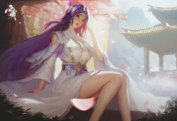 Rule 34 | 1girl, absurdres, artist request, bare legs, building, butterfly hair ornament, cherry blossoms, chinese clothes, dress, earrings, fog, hair ornament, head tilt, highres, jewelry, long sleeves, mountain, parted lips, sash, second-party source, sitting, solo, upper body, wanmei shijie, white dress, yun xi (wanmei shijie)