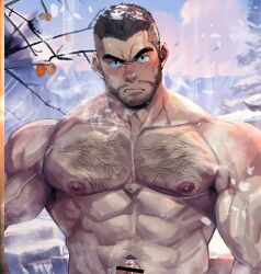 Rule 34 | 1boy, abs, arm hair, armpit hair, bar censor, bara, beard, black hair, blush, censored, chest hair, closed mouth, completely nude, day, erection, facial hair, highres, large pectorals, looking at viewer, male focus, mature male, muscular, muscular male, navel hair, nipples, nude, onsen, original, outdoors, pectorals, penis, penis out of frame, pine tree, precum, short hair, sideburns, snow, snowing, solo, steam, steaming body, straight-on, suamaru, thick eyebrows, tree, undercut, upper body, water, winter