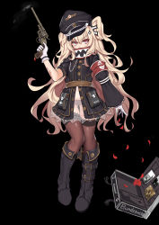 Rule 34 | 1girl, absurdres, armband, black background, black footwear, black hat, black panties, black pantyhose, blonde hair, boots, covered mouth, girls&#039; frontline, gloves, gun, handgun, hat, highres, holding, holding gun, holding weapon, knee boots, long hair, looking at viewer, original, panties, pantyhose, pink eyes, red armband, revolver, scar, simple background, slm, solo, underwear, very long hair, wavy hair, weapon, white gloves