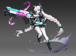 Rule 34 | 1girl, action, ahoge, anzumame, aqua eyes, braid, fingerless gloves, full body, gloves, glowing, glowing weapon, grey background, gun, highres, holding, holding gun, holding weapon, huge weapon, jacket, leg up, long hair, midriff peek, miniskirt, multicolored hair, navel, necktie, open clothes, open jacket, open mouth, original, purple necktie, science fiction, skirt, solo, streaked hair, thighhighs, twin braids, very long hair, weapon, white hair, zettai ryouiki