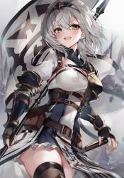 Rule 34 | 1girl, armor, asymmetrical armor, banner, belt, belt pouch, black gloves, blurry, boobplate, bracer, breastplate, breasts, brown thighhighs, bustier, cleavage, corset, cowboy shot, day, depth of field, eyelashes, fingerless gloves, fleur-de-lis, gloves, grey hair, grey sky, hand on hilt, highres, holding, holding polearm, holding spear, holding weapon, hololive, large breasts, long hair, looking to the side, medium hair, mole, mole on breast, muneate, open mouth, outdoors, pennant, polearm, pommel, pouch, shirogane noel, shirogane noel (1st costume), sideboob, sky, smile, solo, soraneko hino, spear, standard bearer, strap, tabard, thighhighs, thighs, tiara, vambraces, virtual youtuber, weapon