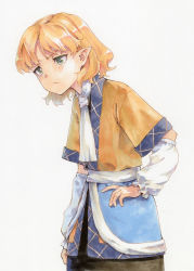 Rule 34 | 1girl, arm warmers, ascot, blonde hair, blush, frown, green eyes, hand on own hip, highres, hunched over, marker (medium), mizuhashi parsee, pointy ears, shiratama (hockey), short hair, simple background, solo, texture, touhou, traditional media, white background