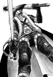 Rule 34 | 1boy, axe, belt, boots, fur trim, gloves, hat, male focus, monochrome, one piece, open clothes, open shirt, perspective, sabaody archipelago, shirt, solo, sword, thigh boots, thighhighs, weapon, x drake
