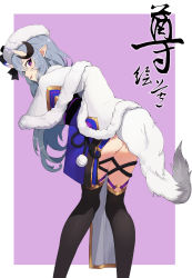 Rule 34 | 1girl, absurdres, ass, black thighhighs, blue kimono, bow, capelet, from behind, fur, fur-trimmed capelet, fur trim, grey hair, hair between eyes, hair bow, hat, highres, horns, japanese clothes, kimono, kneepits, leaning forward, long hair, looking at viewer, mole, mole under mouth, nijisanji, no panties, obi, oni, open mouth, pointy ears, purple eyes, rindou mikoto, sash, skin-covered horns, sleeves past wrists, smile, solo, super h2o, thigh strap, thighhighs, very long hair, virtual youtuber, white capelet, white hat, wide sleeves