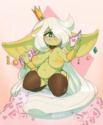 Rule 34 | black legwear, cleft of venus, colored skin, crown, earrings, female goblin, garter straps, goblin, green eyes, green skin, heart, heart-shaped pupils, heart necklace, highres, huffslove, jewelry, large areolae, letter, long hair, love letter, navel, necklace, pointy ears, regina (huffslove), shortstack, smile, symbol-shaped pupils, very long hair, white hair
