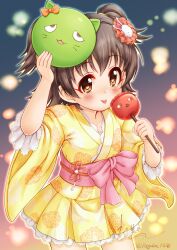 Rule 34 | 1girl, :p, akagi miria, arm up, black hair, blush, bow, brown eyes, candy apple, closed mouth, commentary request, food, hair between eyes, hair ornament, highres, holding, holding food, idolmaster, idolmaster cinderella girls, idolmaster cinderella girls starlight stage, japanese clothes, kimono, kimono skirt, mask, mask on head, obi, pina korata, pink bow, rabbit hair ornament, regular mow, ringorou (idolmaster), sash, short sleeves, signature, smile, solo, tongue, tongue out, twitter username, two side up, wide sleeves, yellow kimono