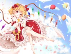 Rule 34 | 1girl, adapted costume, animal, animal on hand, bad id, bad pixiv id, balloon, barefoot, bird, bird on hand, blonde hair, blue background, blue sky, cloud, day, dress, fangs, feathers, flandre scarlet, flower, flower on head, frilled dress, frills, from side, grin, hair flower, hair ornament, headdress, highres, looking at viewer, mumu-crown, petals, petticoat, puffy short sleeves, puffy sleeves, red dress, red eyes, shirt, short hair, short sleeves, side ponytail, sky, smile, solo, touhou, white feathers, white shirt, wide sleeves