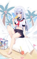 Rule 34 | 1girl, absurdres, arm support, bag, bare legs, barefoot, beach, blue eyes, blue skirt, bottle, closed mouth, cropped shirt, eyelashes, feet, food, full body, grey hair, hair ornament, hand up, hibiki (kancolle), highres, holding, kantai collection, knee up, legs, long hair, looking at viewer, midriff, miniskirt, nail polish, navel, neckerchief, outdoors, palm tree, pink nails, pleated skirt, popsicle, red neckerchief, sand, school uniform, serafuku, shadow, short sleeves, shovel, sidelocks, sitting, skirt, solo, starfish, toenail polish, toenails, toes, tree, water, water bottle, xiaoyu chiaki