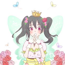 Rule 34 | 1girl, :o, artist name, artist request, black hair, blue butterfly, blush, bow, bracelet, breasts, bug, butterfly, butterfly wings, collarbone, crown, diamond (gemstone), dress, female focus, flat chest, flower, flower bracelet, flower necklace, frilled dress, frills, gloves, hair between eyes, hair bow, hair flower, hair ornament, hair ribbon, highres, insect, insect wings, jewelry, leaf hair ornament, long hair, looking at viewer, love live!, love live! school idol festival, love live! school idol project, mini crown, necklace, parted lips, pearl bracelet, pink flower, plaid, plaid dress, pleated, pleated dress, puffy short sleeves, puffy sleeves, red eyes, red flower, red ribbon, ribbon, short hair, short sleeves, short twintails, skirt, small breasts, smile, solo, surprised, twintails, upper body, white background, white dress, white flower, white gloves, wings, yazawa nico, yellow bow, yellow butterfly, yellow gloves