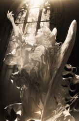 Rule 34 | 1other, angel, angel wings, commentary request, highres, korean commentary, light, long hair, original, reaching, reaching towards viewer, robe, stained glass, vlfdus 0, white hair, window, wings