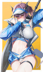 Rule 34 | 1girl, absurdres, arknights, bare shoulders, bikini, blue jacket, blush, border, brown eyes, commentary request, cowboy shot, grin, highres, horns, jacket, long sleeves, looking at viewer, navel, official alternate costume, outside border, purple hair, r oot, short hair, sideroca (arknights), sideroca (light breeze) (arknights), smile, solo, standing, stomach, swimsuit, thigh strap, thighs, visor cap, white bikini, white border, yellow background
