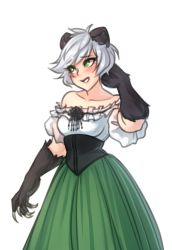 Rule 34 | 1girl, animal ears, animal hands, arm behind head, bare shoulders, blush, claws, corset, green eyes, green skirt, highres, long skirt, looking away, looking to the side, monorus, original, puffy short sleeves, puffy sleeves, short hair, short sleeves, silver hair, simple background, skirt, solo