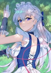 Rule 34 | 1girl, absurdres, aquilar, azur lane, belfast (azur lane), blue eyes, breasts, grass, highres, large breasts, looking back, lying, maid, on grass, on stomach, smile, string, string of fate, white hair