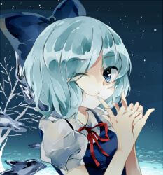 Rule 34 | 1girl, bare tree, blue background, blue bow, blue dress, blue eyes, blue hair, blue nails, blue theme, bow, cirno, closed mouth, detached wings, dress, hair bow, huang bao b, ice, ice wings, light smile, looking at viewer, medium hair, nail polish, neck ribbon, one eye closed, pinafore dress, puffy short sleeves, puffy sleeves, red ribbon, ribbon, shirt, short sleeves, sleeveless, sleeveless dress, solo, touhou, tree, white shirt, wings, winter