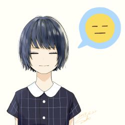 Rule 34 | 1girl, absurdres, bob cut, closed eyes, closed mouth, dated, emoji, facing viewer, grey hair, highres, original, sako (35s 00), shirt, short hair, short sleeves, signature, simple background, solo, speech bubble, upper body, white background
