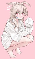 Rule 34 | 1girl, animal ears, bandaid, bandaid on cheek, bandaid on face, bandaid on leg, barefoot, blush, flat chest, full body, gauze on knee, grey hair, highres, long hair, looking at viewer, naked shirt, original, parted lips, pink background, rabbit ears, rabbit girl, rabbit tail, red eyes, shiromoca, shirt, sleeves past fingers, sleeves past wrists, solo, squatting, tail