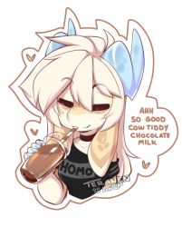 Rule 34 | 1girl, black shirt, choker, closed mouth, collarbone, cup, drinking straw, drinking straw in mouth, english text, closed eyes, facing viewer, furry, furry female, holding, holding cup, horns, long hair, nami (teranen), original, shirt, short sleeves, solo, teranen, white hair