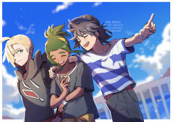 Rule 34 | 3boys, :d, baseball cap, blonde hair, blurry, blush, border, bracelet, closed eyes, closed mouth, cloud, commentary request, creatures (company), day, ear piercing, elio (pokemon), fence, game freak, gladion (pokemon), green eyes, green hair, hair over one eye, hat, hau (pokemon), highres, hood, hood down, hoodie, jewelry, male focus, mugiccha2, multiple boys, nintendo, open mouth, outdoors, pants, piercing, pointing, pokemon, pokemon sm, shirt, short sleeves, sky, smile, striped clothes, striped shirt, t-shirt, teeth, upper teeth only, watermark, white border, z-ring