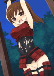 Rule 34 | armor, bdsm, blush, bondage, bound, brown eyes, brown hair, censored, character request, highres, kagura mizuki, no panties, pussy, source request, stocks, tears