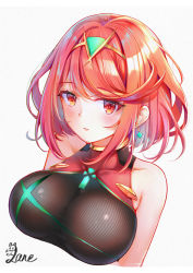 Rule 34 | 1girl, artist name, blush, breasts, competition swimsuit, earrings, gem, hair ornament, headpiece, jewelry, large breasts, looking at viewer, nintendo, one-piece swimsuit, pyra (pro swimmer) (xenoblade), pyra (xenoblade), red eyes, red hair, solo, staring, swept bangs, swimsuit, sxbzero, tiara, xenoblade chronicles (series), xenoblade chronicles 2
