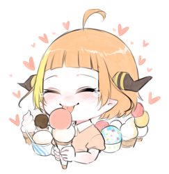 Rule 34 | 1girl, aged down, ahoge, alternate costume, alternate hairstyle, blonde hair, blunt bangs, blush, bright pupils, chibi, child, closed eyes, commentary, dragon girl, dragon horns, dragon tail, fang, food, full body, heart, holding, holding food, hololive, horns, ice cream, ice cream cone, isuka, kiryu coco, licking, multicolored hair, orange hair, parted lips, pointy ears, purple eyes, short hair, short sleeves, simple background, skin fang, skirt, skirt set, smile, solo, standing, streaked hair, tail, too many, virtual youtuber, white background, white pupils