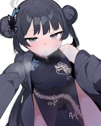 Rule 34 | 1girl, all fours, black dress, black hair, black jacket, blue archive, blush, butterfly hair ornament, china dress, chinese clothes, closed mouth, covered erect nipples, double bun, dragon print, dress, flat chest, from below, futapi, grey eyes, hair bun, hair ornament, highres, jacket, kisaki (blue archive), long hair, looking at viewer, nose blush, pelvic curtain, pussy, pussy juice, see-through, see-through dress, simple background, single bare shoulder, sleeveless, solo, striped clothes, striped jacket, twintails, vertical-striped clothes, vertical-striped jacket, white background