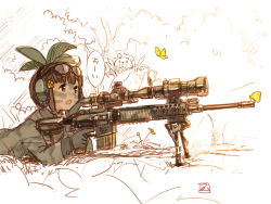 Rule 34 | 1girl, animal, black gloves, brown eyes, brown hair, bug, bush, butterfly, ear piercing, facial mark, flower, glasses, gloves, grey jacket, gun, hair flower, hair ornament, insect, jacket, kokudou juunigou, long sleeves, looking away, lying, military jacket, on ground, on stomach, open mouth, original, outdoors, partially colored, piercing, rifle, scope, sniper rifle, solo, translation request, trigger discipline, weapon, weapon request, yellow flower